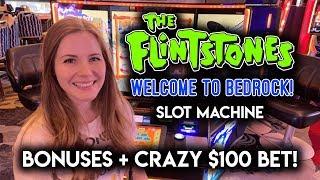 NEW! Fintstones Slot Machine! BONUSES + CRAZY $100 GAMBLE!!
