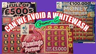 Scratchcards"Can we Avoid a Whitewash Game--6..NEW FLAMINGO cards.Full £500s.B-Lucky.W/Wonderlines.