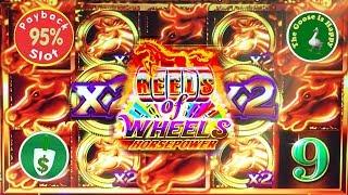 • Reels of Wheels Horsepower 95% payback slot machine, 2 Big Win Sessions