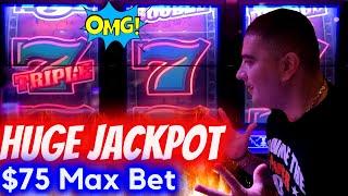 High Limit 3 Reel Slot Machine HUGE HANDPAY JACKPOT - $75 MAX BET! Huff N Puff Slot $50 A Spin Bonus