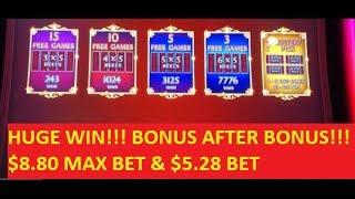 BONUS AFTER BONUS!!!! MAX BET & $5.28 BET!!!! DANCING DRUM SLOT!!! POKIES!!!!