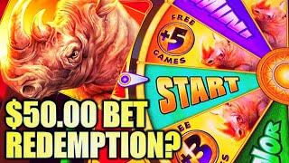 •$50 BET REDEMPTION?!• FINALLY GOT THE BONUS!! NEW RAGING RHINO RAMPAGE Slot Machine Bonus
