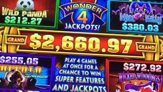 Wonder 4 Jackpots Slot Machine - MAX BET! Miss Kitty Bonus with Retrigger!
