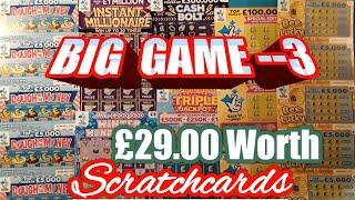 Scratchcard..BIG GAME--3.....£29.00 worth..INSTANT MILLIONAIRE..Triple Jackpot..CASH BOLT..Bee Lucky