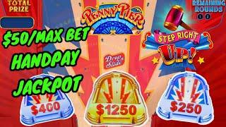 Step Right Up Penny Pier HIGH LIMIT HANDPAY JACKPOT $50 Max Bet Drop N Slide Bonus Round Slot Casino