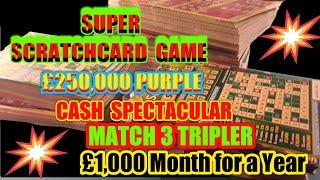 SPECTACULA  Scratchcard Game.MONOPOLY MILLIONAIRE.Match 3 Tripler.CASH SPECTACULAR..£250,000 Purple