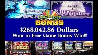 $268,000 Dollars Won in Free Game Bonus Win!!! Casino Video Slot Machine Jackpot Handpay Timber Wolf