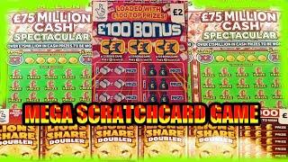 MEGA SCRATCHCARD GAME"CASH SPECTACULAR"MONOPOLY"£100 BONUS"CASH 7s DOUBLER"LION DOUBLER"JEWEL SMASH