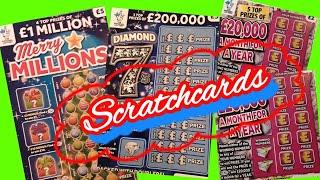 Scratchcards Match 3..Merry Millions.£20,000 Month.Diamond 7.Doubler.+Special edition