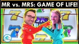 BATTLE OF THE SEXES! WHO WINS MORE ON GAME OF LIFE SLOT MACHINE - BIG WINS!
