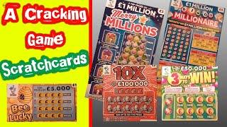 Edge of seat Scratchcard game.£300,000 Purple..Merry Millions..Millionaire Bingo.10X.Bee Lucky