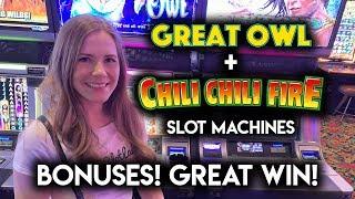 Great Owl and Chili Chili Fire Slot Machines! BONUSES! Nice WIN!!