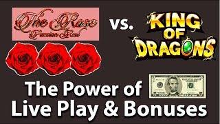 Let's See How Far Can $5 go on Aruze King of Dragons and The Rose Passion Red Bonuses and Line Hit