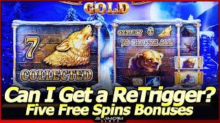 TimberWolf Gold Slot Machine - Second Attempt: Can I Get a Re-Trigger!?  Five Free Spins Bonuses
