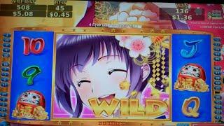 Sakura Lady Slot Machine Bonus + Retrigger - 12 Free Games Win with Random Wilds