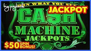 $50 BET CRAZY SPIN! Cash Machine Jackpots Slot - 1st JACKPOT ON YOUTUBE!!