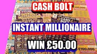 Scratchcard INSTANT MILLIONAIRE..Cash Bolt..Dough Money..WIN £50..£100,000 Yellow