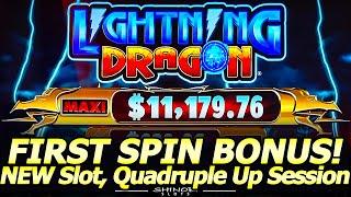 First Attempt, First Spin Bonus!  NEW Lightning Dragon Slot by Konami!  Nice Quadruple Up Session!