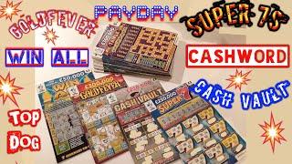 SUPER 7s..CASHWORD..GOLDFEVER..WIN ALL..CASH VAULT..TOP DOG..PAYDAY..£100,000 Yellow..Scratchcards