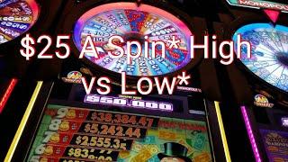 *High/Low Series* High bets vs Low bets* Episode #1 .60 cents-$25 bets slot machine action. Big wins