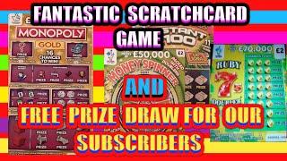 Great Scratchcard Game"MONOPOLY"MONEY SPINNER"RUBY 7's Doubler"INSTANT £100.& Free Prize Draw starts