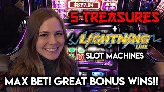 Lightning Link Strikes Again! Great Bonus Win! $8.80 Bet 5 Treasures Win! Buffalo Gold Bonuses!