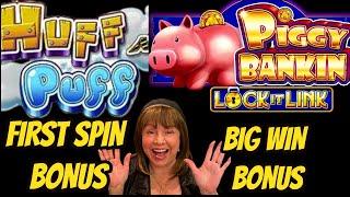 FIRST SPIN Huff N Puff Bonus & BIG WIN Piggy Bankin