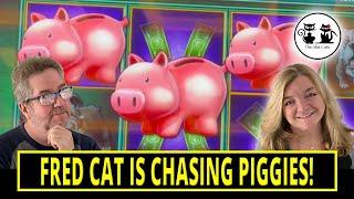 FRED CAT IS CHASING THOSE PIGGIES! PLAYING ONE OF OUR ALL TIME FAVORITE SLOT MACHINES- PIGGY BANKIN'