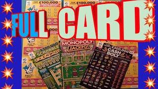 Wow!..FULL CARD.....Scratchcard..MONOPOLY..CASH BOLT..SCRABBLE..£100,000 Yellow
