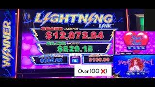 Lightning Link •️Heartthrob •️ and Magic Pearl •‍•️ slot machine. Huge win over 100•!