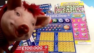 Scratchcards..CASH SPECTACULAR....21 GREEN....MILLIONAIRE 7's...BINGO...PATDAY...100,000 RED