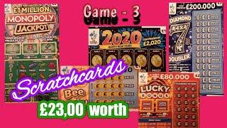 Diamond 7s Doublers..Monopoly..2020..Bee Lucky..Scratchcards and Lucky Bonus..