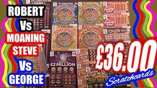 Scratchcards 3xCash Bolts"Cash Lines"4xMoney Spinners"£2Million Purple...(Robert Vs Steve Vs George)