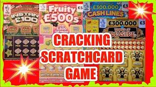 CRACKING SCRATCHCARD GAME."FRUITY £500s."TEMPLE OF TREASURE "CASHLINES".INSTANT £100..