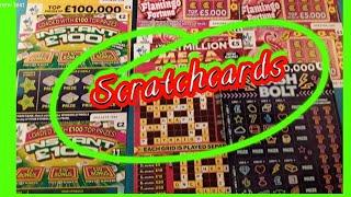 Scratchcards ..MILLIONAIRE  CASHWORD..Cash Bolt..FLAMINGO..£100,000 Yellow.. mmmmmmMMM..says •