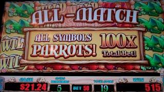 Parrot Island Slot Machine Bonus + Retriggers - 36 Free Games with 100x Parrots! - BIG WIN