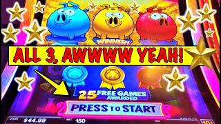 BIG JACKPOT!!! 25 Free Games + ALL THREE PIGS = Amazing Handpay!
