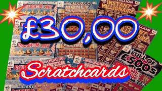 Scratchcard..(BIG game-2)..£30,00.INSTANT MILLIONAIRE.Dough Money.Full £500s.Multiplier
