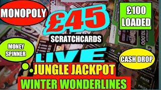 WOW! nr FULL CARD....£45.00 OF SCRATCHCARDS "LIVE"...MONOPOLY £2M..JUNGLE JACKPOT..WONDERLINES..