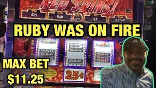 RUBY ON FIRE MAX BET $11.25 ! AWESOME RED SPINS AT RIVER SPIRIT CASINO ! VGT !