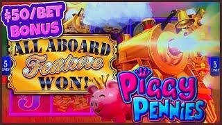 HIGH LIMIT All Aboard ⋆ Slots ⋆ Piggy Pennies $50 MAX BET Bonus Slot Machine Casino