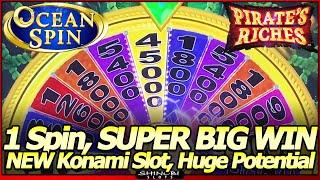 Ocean Spin Pirate's Riches Slot Machine - SUPER BIG WIN, 1st Spin in 1st Attempt in NEW Konami Slot!