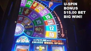 U-Spin High Limit $15.00 Bet with 2 Bonuses and BIG WIN! Bally Slot Machine Live Play Las Vegas