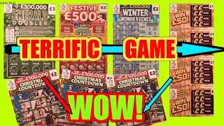 What a Super TERRIFIC Scratchcard Game"EMERALD DOUBLER"WONDERLINES"FESTIVE £500"Christmas Countdown"