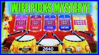 WIFE PICKS MYSTERY AND IT PAYS OFF! DANCING DRUMS EXPLOSION SLOT MACHINE