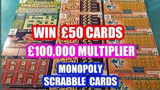 New WIN £50 Scratchcards ..£100,000 Multiplier..SCRABBLE.Cashword.MONOPOLY..85th.