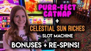 Chasing the Purrfect Re-Spin! Celestial Sun Riches Slot Machine! BONUSES!!
