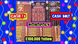 Wow!..Nice Scratchcard Game "Cash 7s"..MONOPOLY"Cash Bolt"£100,000 yellow