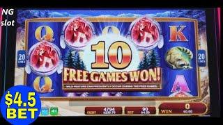 Golden Wolves Slot Machine Bonus WON w/Retrigger $4.50 Bet !! KONAMI SLOT Live Play
