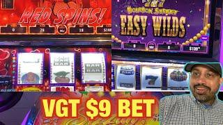 VGT EASY WILDS, RUBY ON FIRE AND CRAZY CHERRY SIZZLIN' $9 BET WITH RED SPINS ! RIVER SPIRIT CASINO!!